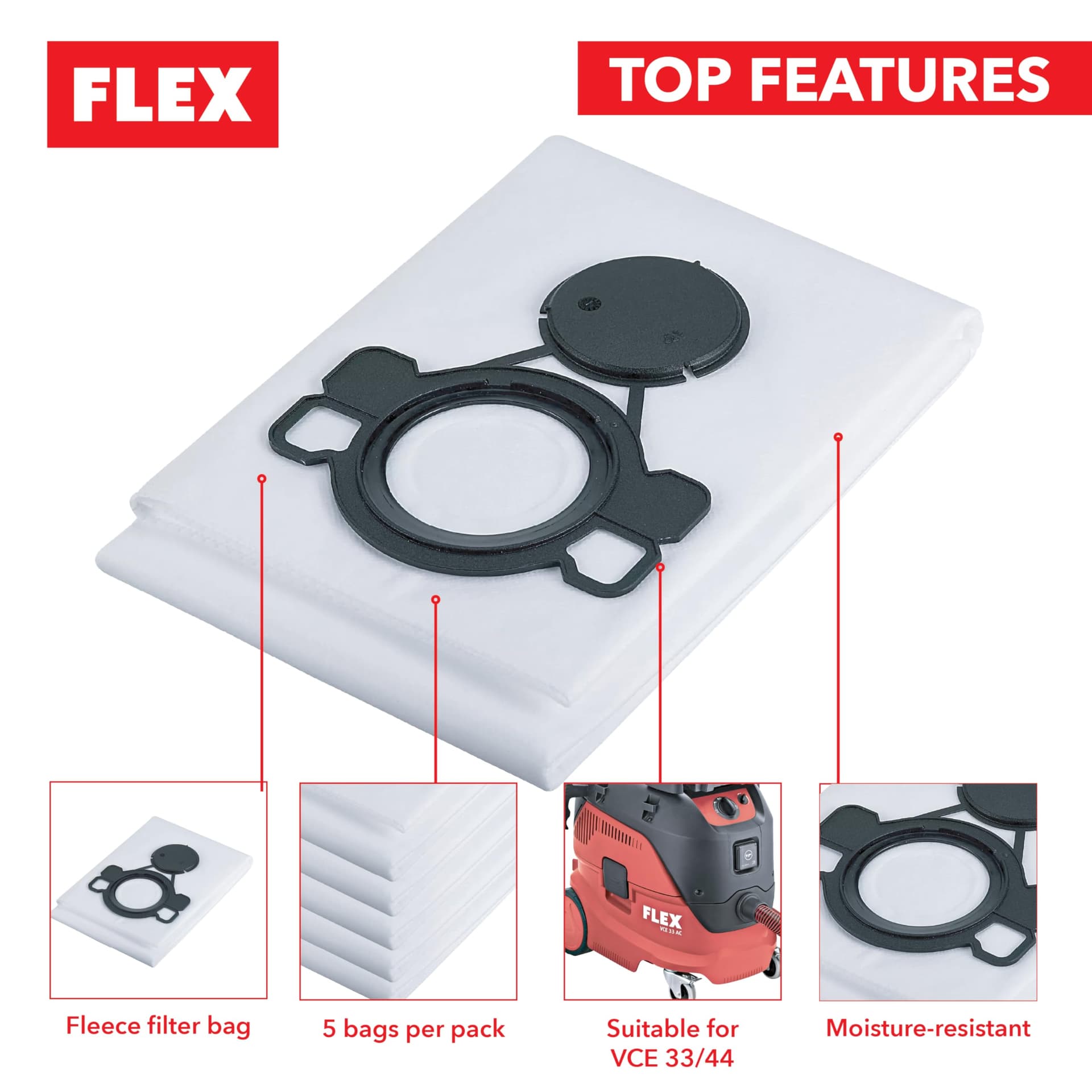 FLEX Fleece Filter Bags For VCE 33-44 Shop Vac (4 Pack), photo 2 of 4