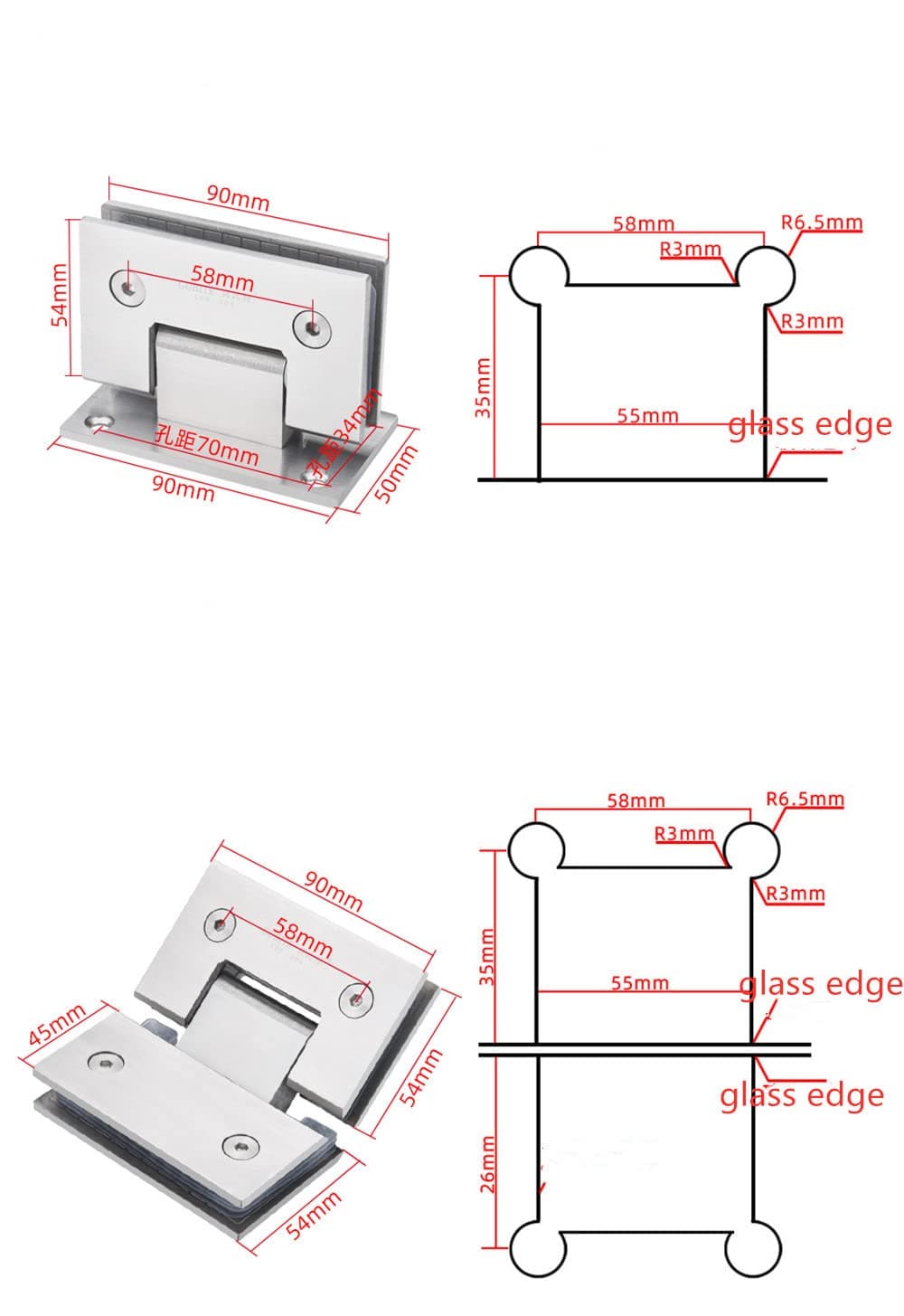 Stainless Steel Shower Door Hinges for 8-12mm Glass 90 Degree (2 Pack), photo 2 of 8