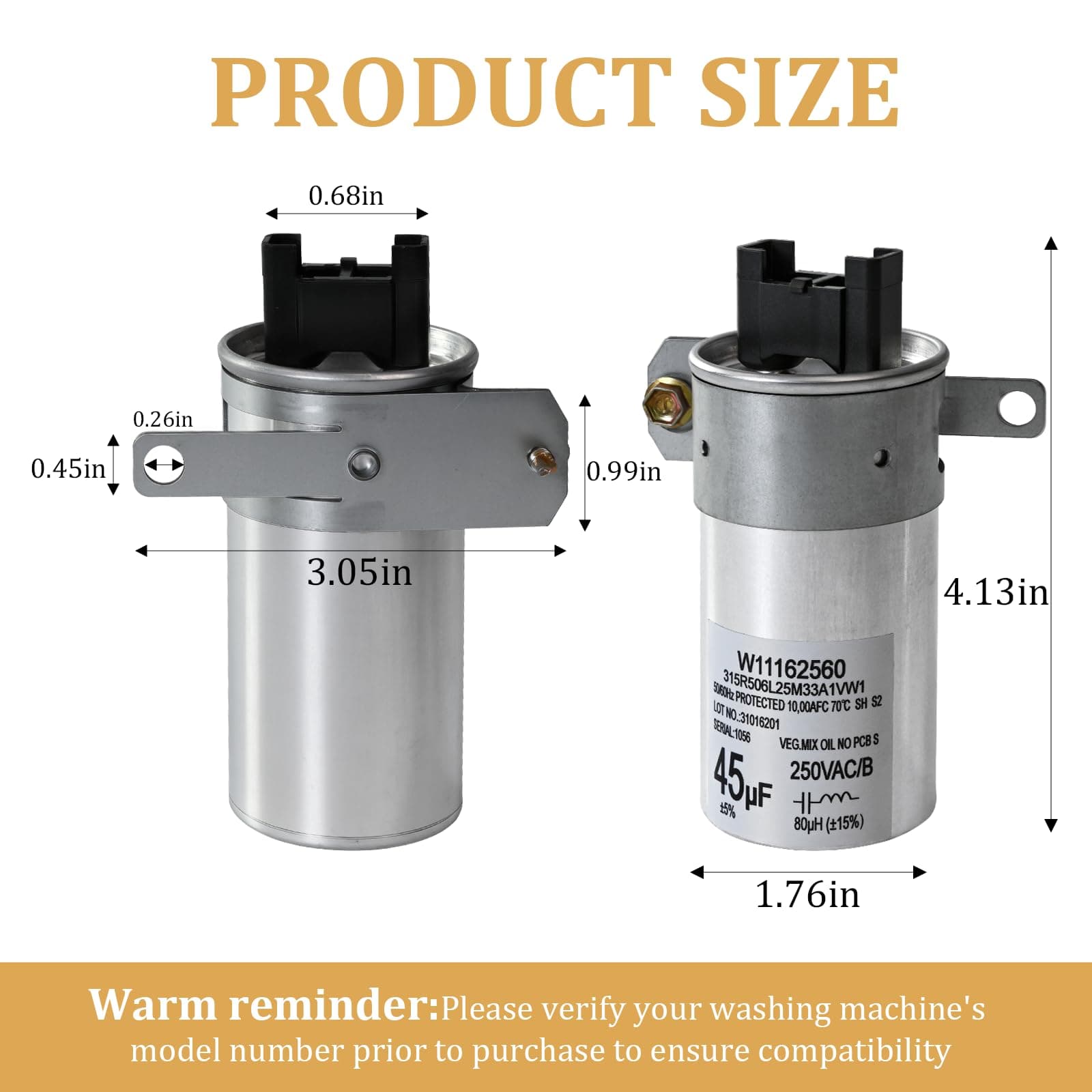 Washing Machine Run Capacitor 45uF Whirlpool Maytag Kenmore Replaces W11162561, photo 2 of 8